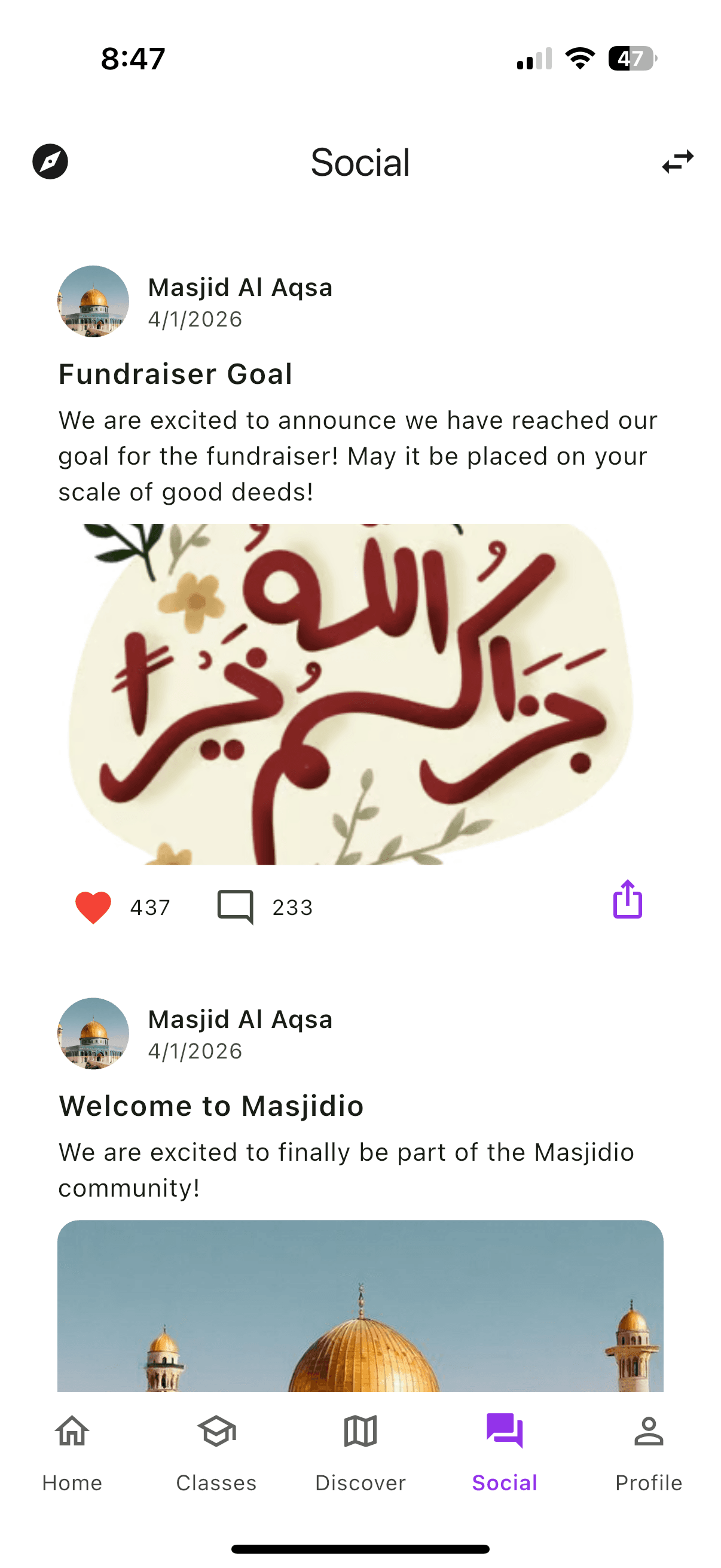Masjidio mobile app: Social tab with community posts